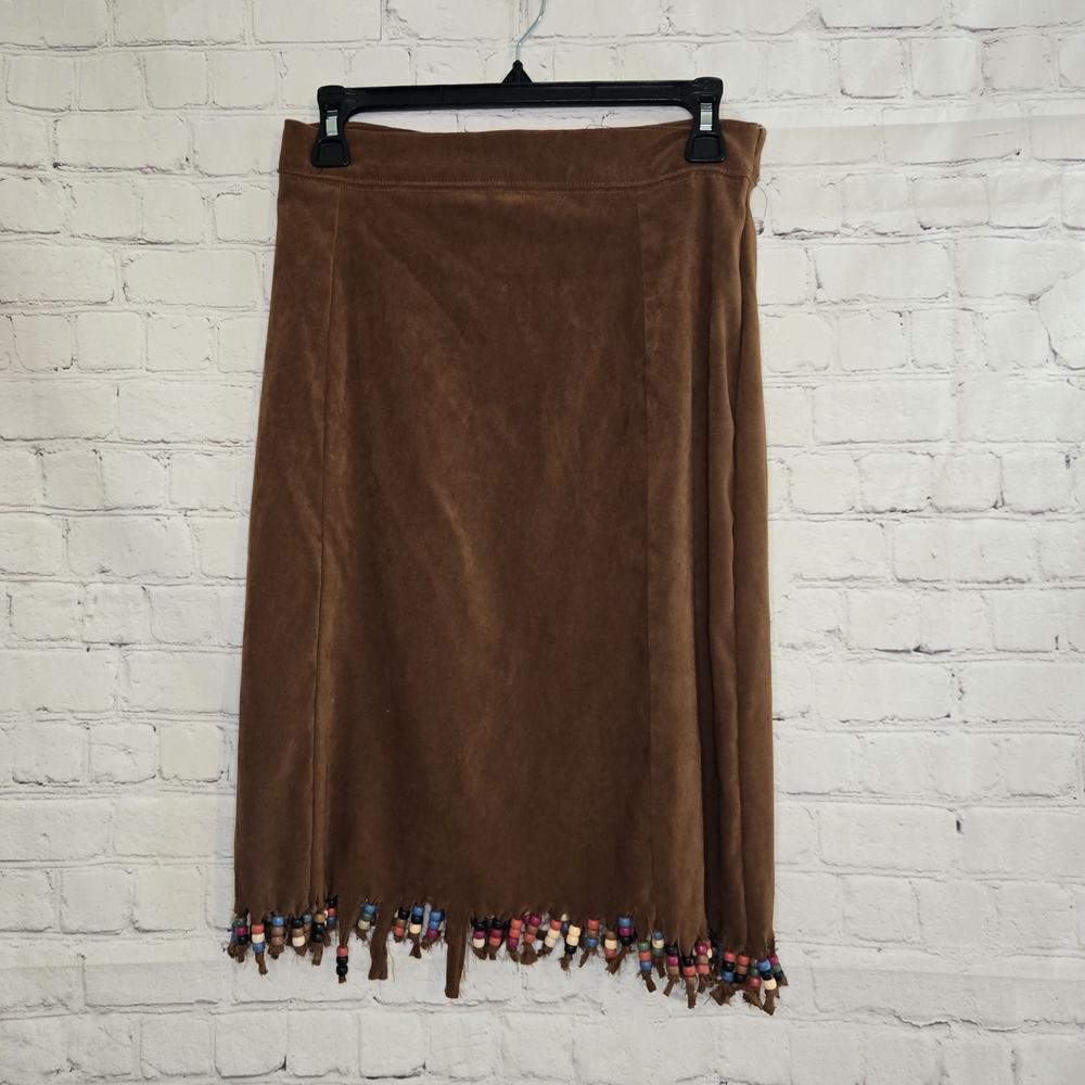 Vtg 90s Y2k White Stag Faux Suede Brown Below Knee Skirt With Beaded Fring Hem L